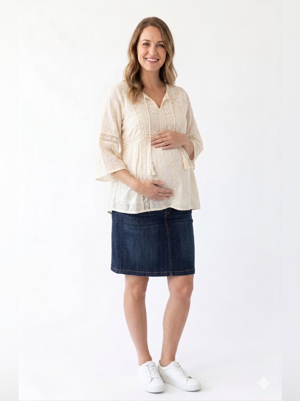 Thyme Maternity Dark Blue Denim Skirt Wide Belly Band Stretchy PullOn Pockets XL